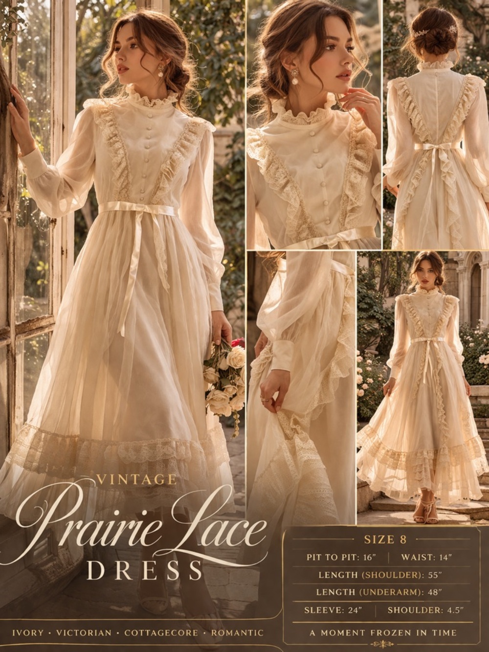 Vintage Prairie Lace Sheer Maxi Dress – Ivory Romantic Victorian Style